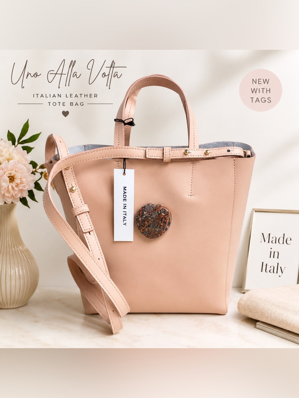 Uno Alla Volta Made in Italy Blush Pink Leather Tote Crossbody Bag NWT